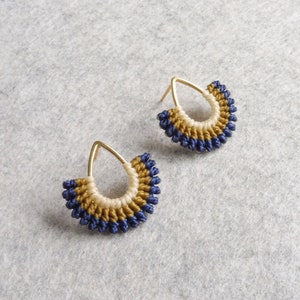 Fan Shape Stud Earrings . Gold Teardrop Earrings . Small Macrame Jewelry . Fiber Jewelry . Design by .. raïz ..