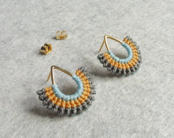 I B E Y I . Teardrop Stud Earrings . 16ct Gold Plated . Micro Macrame . Fiber Jewelry Textile . © Design by .. raïz ..