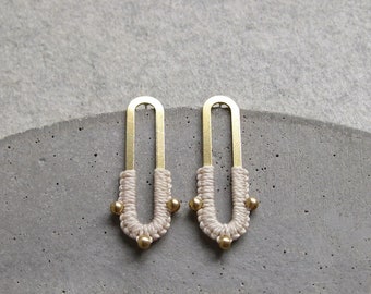 Off-White Brass Earrings . Fiber Gold Macramé . Long Stud Earrings . Beaded Earrings . Artisan Jewelry . Design by .. raïz ..