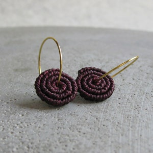 Burgundy Coil Earrings . MicroMacrame Gold or Silver Hoops . Circle Round Macrame Earrings . Lightweight Earrings . Design by ....raïz image 1