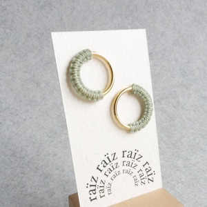 Gold Circle Stud Earrings . Sage Green Pastel . Round Earrings . Modern Textile Jewelry . Minimalist Macramé Jewelry . Design by .. raïz ..