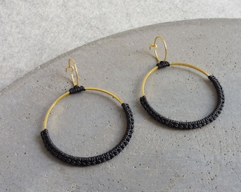 Black & Gold Hoop Earrings . Double Circle Earrings . Gold or Stainless Steel . Lightweight Earrings . Statement Textile Earrings