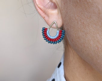 Teardrop Silver Stud Earrings . Rhodium . Micro Macrame . Fiber Textile Jewelry . Red Blue . Geometric Fan Earrings . Design by .. raïz ..