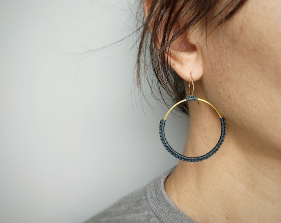 Double Hoop Earrings . Circle Round Earrings . Gold or Stainless Steel . Anthracite Grey . Lightweight Earrings . Statement Textile Earrings