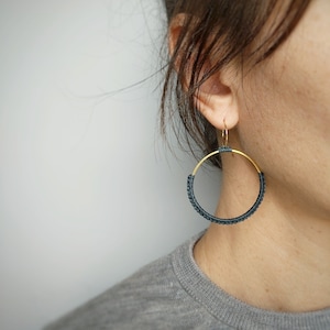 Double Hoop Earrings . Circle Round Earrings . Gold or Stainless Steel . Anthracite Grey . Lightweight Earrings . Statement Textile Earrings