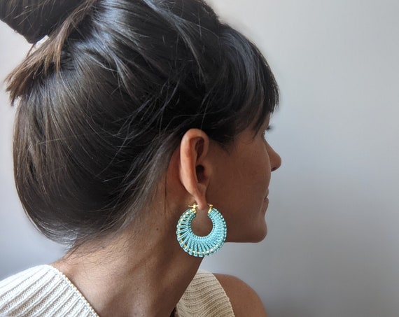 Zinnia . Woven Brass Hoop Earrings in Turquoise . Fiber Crescent Earrings . Macramé Textile Jewellery . Design by .. raïz ..
