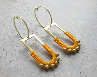 Yellow Beaded Earrings . Brass Dangle Hoops w/ Charm . Golden Charm Hoops . Lightweight Earrings . Modern Macrame . Fiber Textile Jewelry