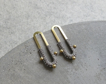 Fiber on Brass Earrings . Long Stud Earrings Gold . MicroMacramé . Textile Earrings . Artisan Jewelry . Design by .. raïz ..