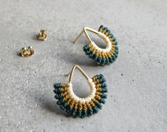 Small Macrame Earrings . Fan shaped Teardrop Studs . Gold plated . Micro Macrame Jewelry . Fiber Jewelry Textile . Design by .. raïz ..