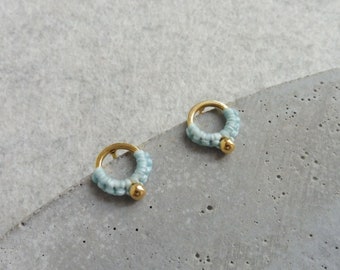 Small Open Circle Stud Earring . Gold Round Studs . Pastel Blue Earrings . Minimalist Macramé Earrings Jewelry . Design by .. raïz ..