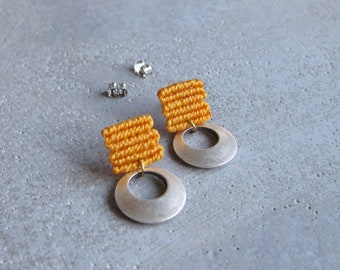 Yellow Stud Earrings . Geometric Square Dangle Drop Post Earrings . Fiber Jewelry Textile . Modern Macrame Jewelry . by .. raïz ..