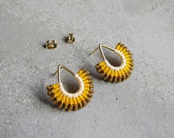 Gold Sun Earrings . Teardrop Stud Earrings . Yellow Fall Earrings . Micro Macrame Jewelry . Fiber Jewelry Textile . Design by .. raïz ..