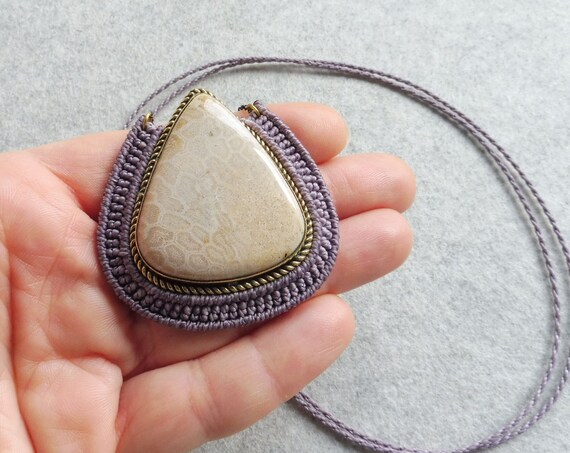 CORAL JASPER Fossilized Stone Necklace . Adjustable Length . Big Teardrop Stone Pendant . Textile MicroMacrame Fiber Jewelry .Design by raïz