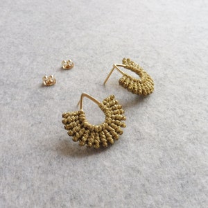 Sun Earrings . Golden Metallic Macrame Earrings . Teardrop Studs 16ct Gold Plated . Woven Fiber Jewelry . Design by .. raïz .. image 2