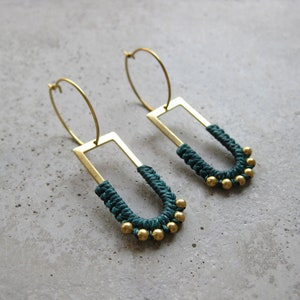 Dangle Brass Hoop Earrings w/ Green Fiber Detail . Charm Hoops . Gold Beaded Earrings . Modern Macrame . Textile Jewellery . Light Earrings emerald