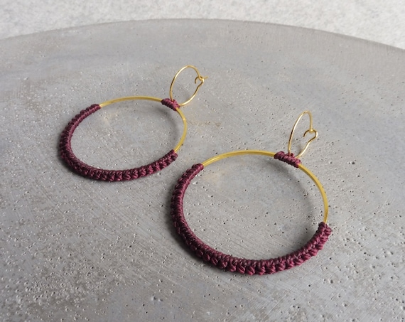 Burgundy Fiber Hoops . Double Circle Earrings . Round Earrings . Gold or Stainless Steel. Lightweight Earrings . Statement Textile Earrings