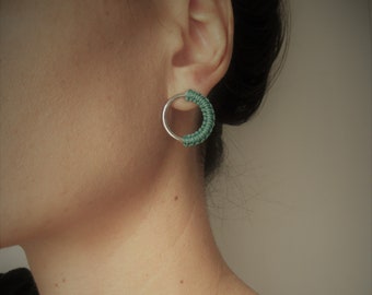 Circle Stud Hoop Earrings . Round Silver Stud Earrings . Modern Fiber Jewelry . Minimalist Geometric Macramé . Design by .. raïz ..
