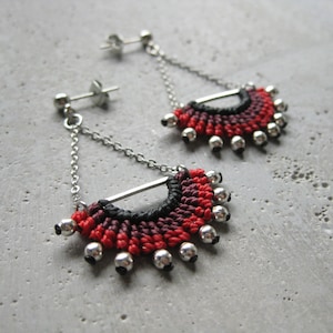 Red Textile Dangling Earrings . Half Circle Silver Chain EarStud . Micro Macrame Fibre Jewelry . Design by .. raïz .. image 1