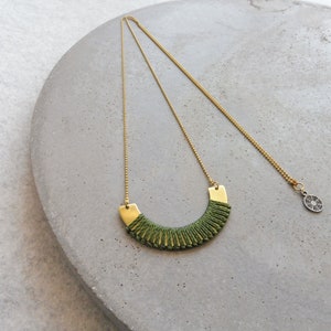 Brass Necklace w/ Fiber Detail . Modern Macrame Necklace . Minimalist Textile Jewelry . Semicircle Design by .. raïz .. image 1