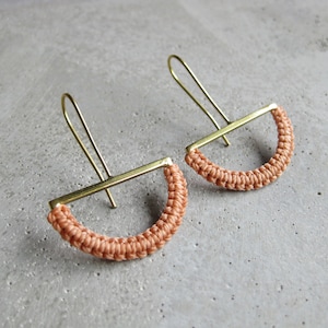 HalfMoon Earrings . Brass Dangle Drop Earrings . Textile Fiber Jewelry . Modern Macramé Jewelry . Geometric . Pastel Jewellery image 1