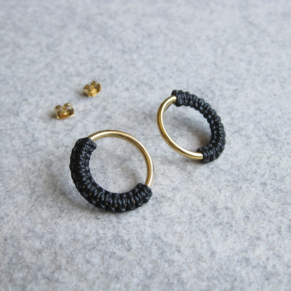 Circle Gold Hoop Stud Earrings . Black Fiber Jewelry . Modern Minimalist Geometric Macramé . Design by .. raïz ..