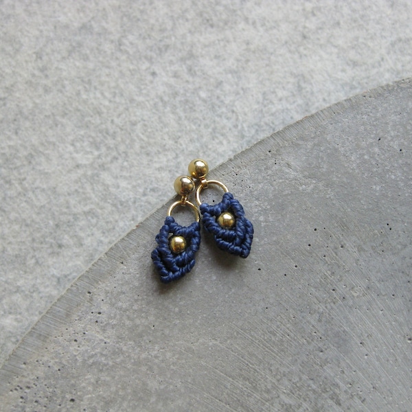 Small Macramé Earrings . Gold or Silver . Navy Blue . Dainty Dangle Earrings . Stud Hoops . Beaded Earrings . Design by .. raïz ..