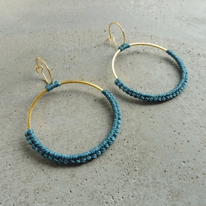 Light Hoop Earrings . Teal Fiber Earrings . Double Circle Hoops Earrings . Gold or Silver . Colorful Jewelry . Modern Macrame Jewellery