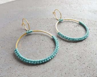 Turquoise Fiber Hoop Earrings: Gold Plated Statement Jewelry