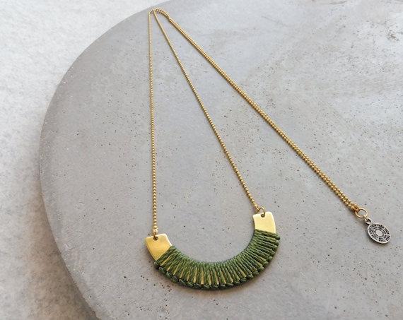 Crescent Brass Necklace w/ Fiber Detail . Modern Macrame Necklace . Minimalist Textile Jewelry . Semicircle Design by .. raïz ..