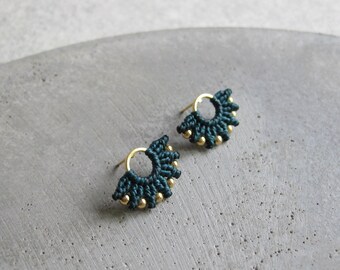 Macrame Earrings in Emerald Green . Gold or Silver . Small Beaded Studs . Modern Fiber Jewelry . Boho Chic Earrings . Design by .. raïz ..