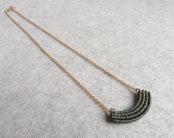 S U K A . Dainty Minimalist Macrame Necklace . Moss Green . Gold Brass Chain . Textile Jewelry .. Design by .. raïz ..