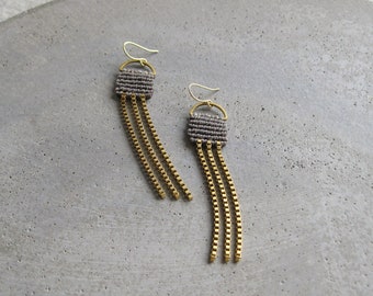 Long Brass Earrings w/ Grey Micro Macrame and Chains . Geometric Earrings . Modern Fiber Textile Jewellery . Boho Chic Jewelry