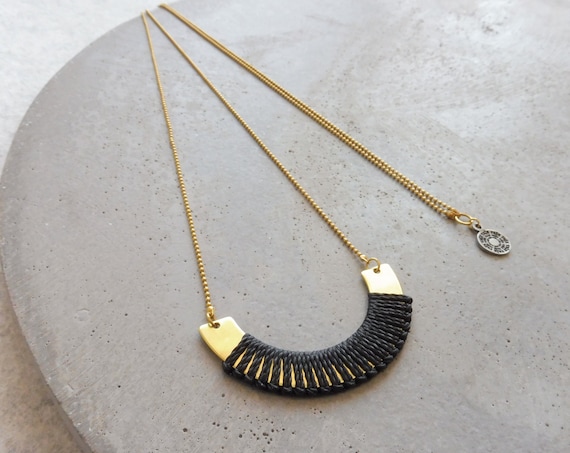 Crescent Brass Necklace Fiber Detail . SemiCircle Modern  and Minimalist Textile Pendant . Black & Gold Jewelry . Design by .. raïz ..