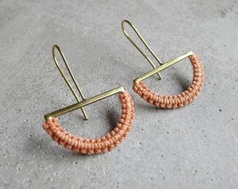 HalfMoon Earrings . Brass Dangle Drop Earrings . Textile Fiber Jewelry . Modern Macramé Jewelry . Geometric . Pastel Jewellery