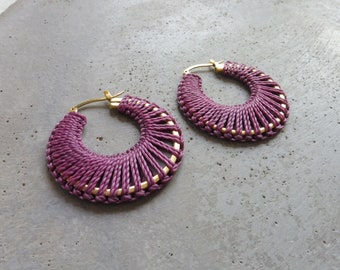 Mauve Fiber on Brass Hoop Earrings . Crescent Disc Earrings . Thick Hoops . Modern Macramé Textile Jewellery . Design by .. raïz ..