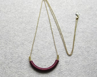 Brass Tube Pendant w/ Fiber Detail . Long Necklace . Golden Semicircle . Macrame Jewelry . Minimalist Pendant . Fiber Textile Jewelry