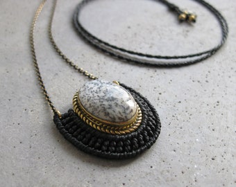 Dendritic Agate Stone Necklace . Adjustable Length . Micro Macrame Brass Crystal Pendant . Fiber Jewelry .Design by .. raïz ..