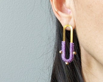 Lilac Fiber on Brass Earrings . Long Gold Stud Earrings . MicroMacramé . Textile Earrings . Artisan Jewelry . Design by .. raïz ..