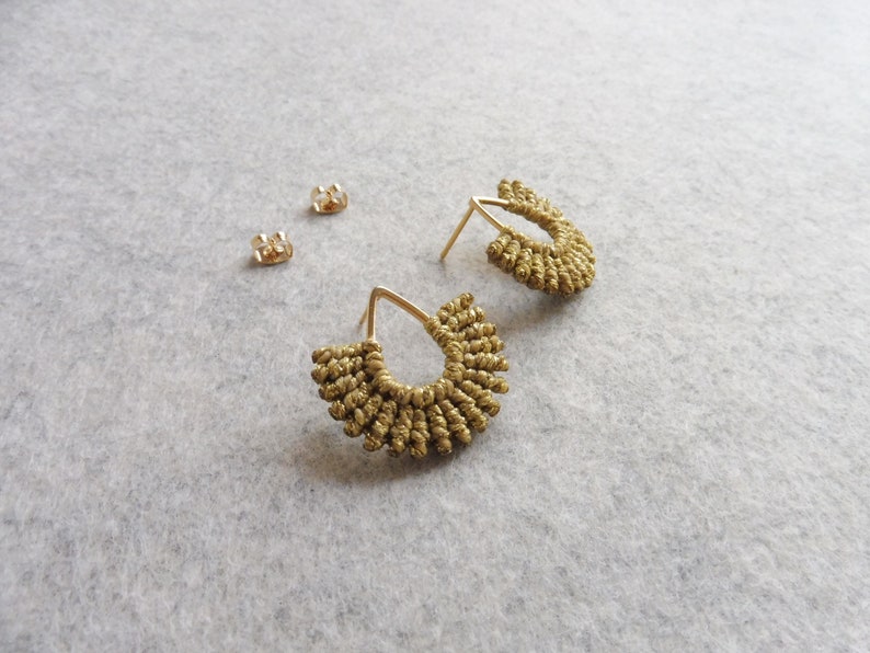 Sun Earrings . Golden Metallic Macrame Earrings . Teardrop Studs 16ct Gold Plated . Woven Fiber Jewelry . Design by .. raïz .. image 2