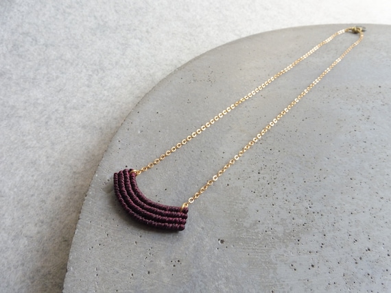 S u k a . Dainty Crescent Textile Necklace in Burgundy . Modern Minimalist Macrame Jewelry . Design by .. raïz ..