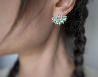 Small Macrame Beaded Stud Earrings in Sage Green . Gold or Silver . Modern Fiber Jewelry . Boho Chic Earrings . Design by .. raïz ..