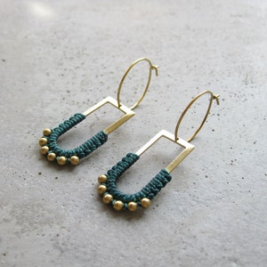 Dangle Brass Hoop Earrings w/ Green Fiber Detail . Charm Hoops . Gold Beaded Earrings . Modern Macrame . Textile Jewellery . Light Earrings image 2