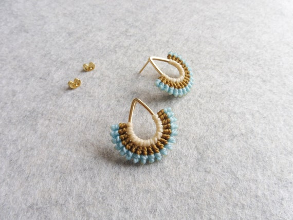 I B E Y I . Teardrop Stud Earrings . 16ct Gold Plated . Micro Macrame . Fiber Jewelry Textile . © Design by .. raïz ..