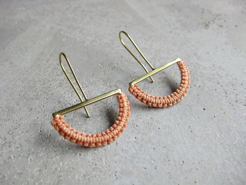 HalfMoon Earrings . Brass Dangle Drop Earrings . Textile Fiber Jewelry . Modern Macramé Jewelry . Geometric . Pastel Jewellery image 1