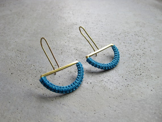 O L G A . Brass Earrings . Vivd Blue . Semicircle Long Earrings . Modern Macrame Textile Jewelry © Design by .. raïz ..