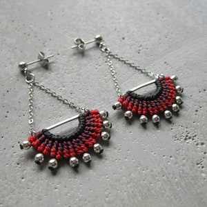Red Textile Dangling Earrings . Half Circle Silver Chain EarStud . Micro Macrame Fibre Jewelry . Design by .. raïz .. image 5