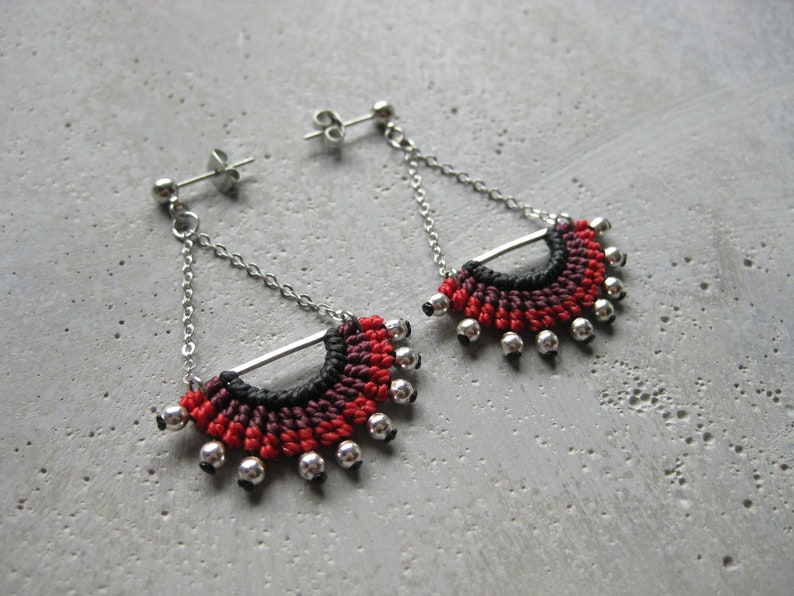 Red Textile Dangling Earrings . Half Circle Silver Chain EarStud . Micro Macrame Fibre Jewelry . Design by .. raïz .. image 5