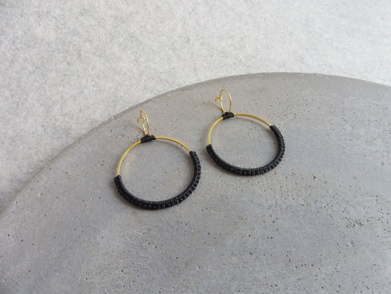 Black & Gold Hoop Earrings . Double Circle Earrings . Gold or Stainless Steel . Lightweight Earrings . Statement Textile Earrings