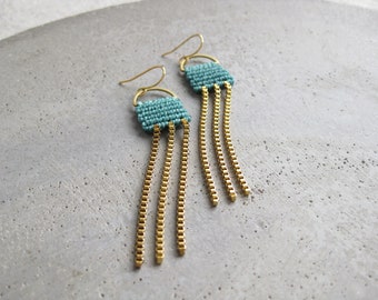 Long Dangle Earrings w/ Turquoise Micromacrame Fiber and Brass Chains . Geometric Earrings . Colorful Earrings . Boho Chic Jewelry