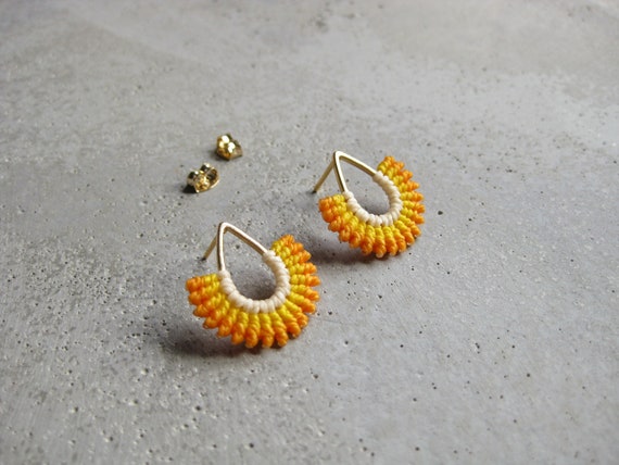 I B E Y I . Teardrop Stud Earrings . Mustard Yellow . Micro Macrame . Fiber Jewelry Textile . © Design by .. raïz ..